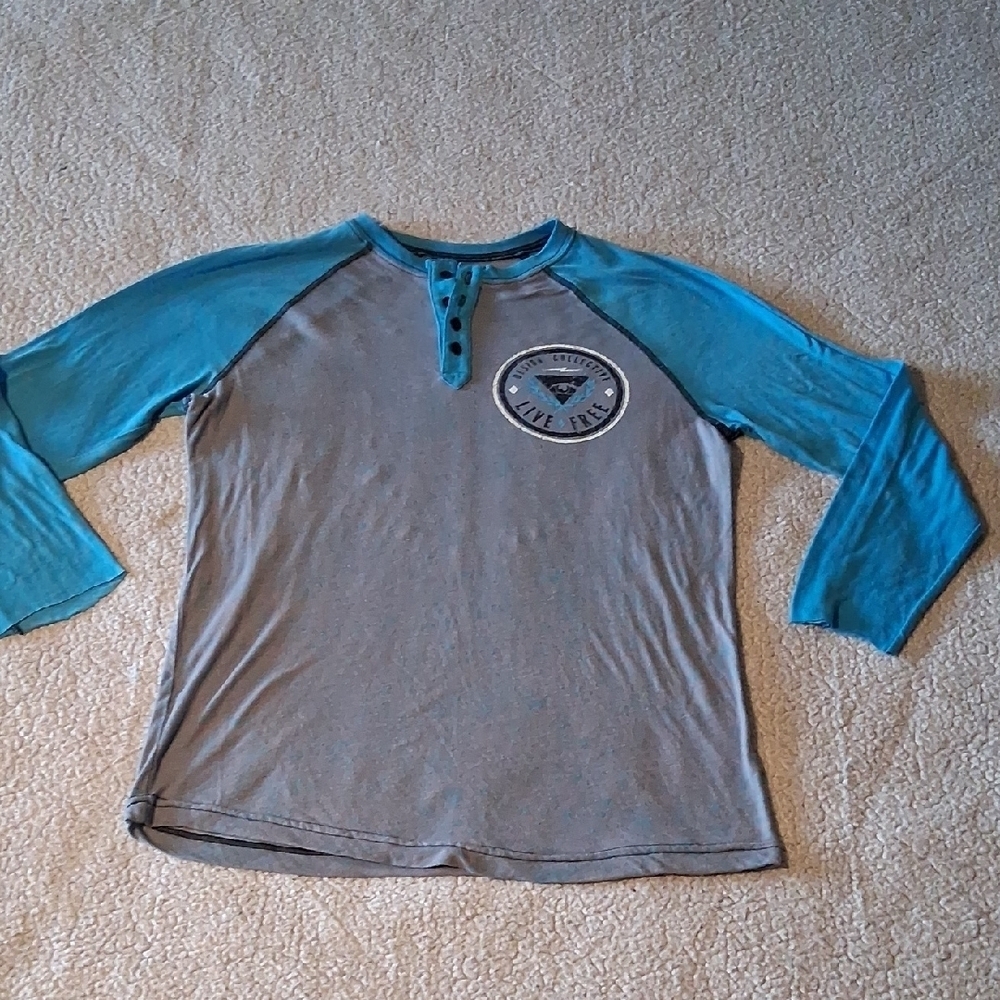 Society Of The Sun Blue and Gray Burnout Long Sleeve Henley Shirt